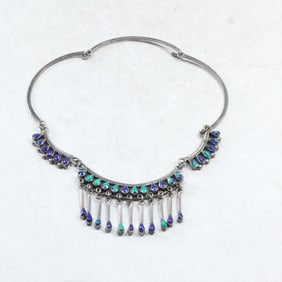 Mexico TC-92 .925 Sterling Silver with Malachite & Lapis Tear Shaped Stones, Fringe Necklace