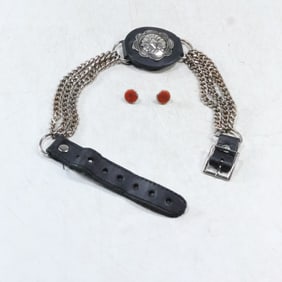 American Indian Symbol Wallet Chain 17 in. x 1 7/8 in.; Sterling Silver Coral Button Earrings