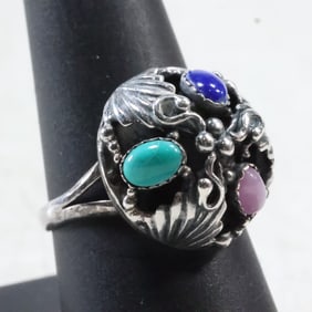 Sterling Silver Carolyn Pollack Button Medallion with Rose Quartz, Turquoise, Lapis Ring Size 9