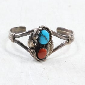 Vintage Native American Navajo .925 Sterling with Turquoise & Coral Cuff Bracelet Feather Design