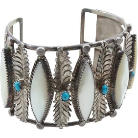 Native American Navajo Sterling Silver Mother-of Pearl Turquoise Cuff Bracelet Feather Design