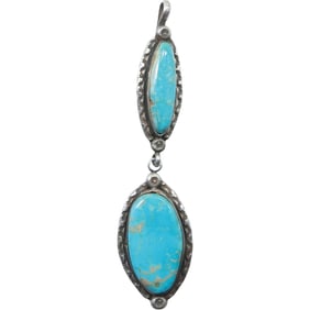 marked BEN Sterling Silver Turquoise Double Pendant 5 3/4 in. x 1 1/4 in.