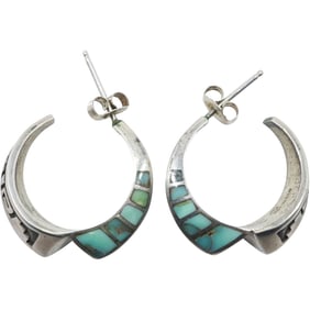 LONN PARKER Originals USA Sterling Silver with Turquoise Hoop Earrings 7/8 in. diameter