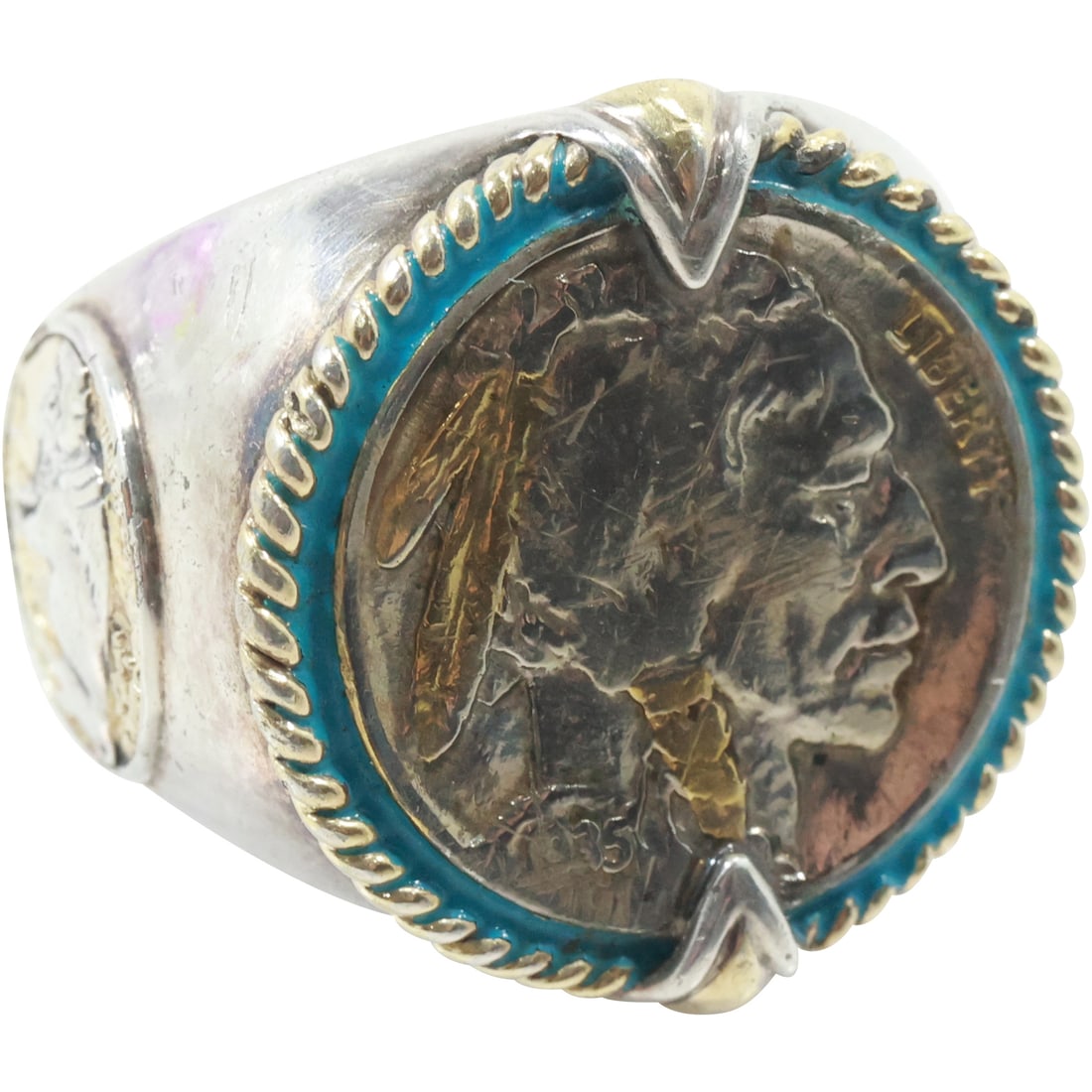 "BGE" .925 Sterling and 14K Gold Ring with Indian Head Nickle "Honoring The American West" (1 of 18)