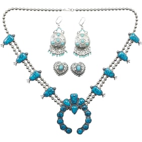 Florenta of Calif. Inc, Squash Blossom Necklace, Clip-on Heart Shape Earrings, Pierced Disc Fringe