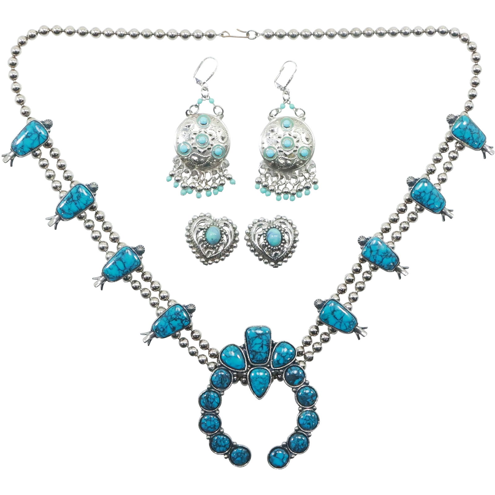 Florenta of Calif. Inc, Squash Blossom Necklace, Clip-on Heart Shape Earrings, Pierced Disc Fringe (1 of 20)