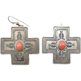 DON LUCAS Sterling Silver with Red Turquoise Cross Earrings 2 in. x 1 3/8 in.