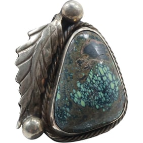 Vintage 1960s Large Web Turquoise with Feather Design Ring Size 8 , 1 1/4 in. x 1 1/2 in.