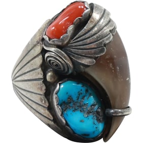 Native American Indian Sterling Silver Men's Ring with Claw, Coral, Turquoise, Feather Design