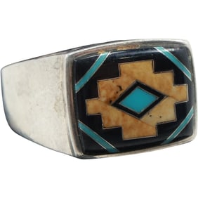 American Indian Zuni Sterling Silver with Coral, Black Onyx, Turquoise Ring Size 12.75