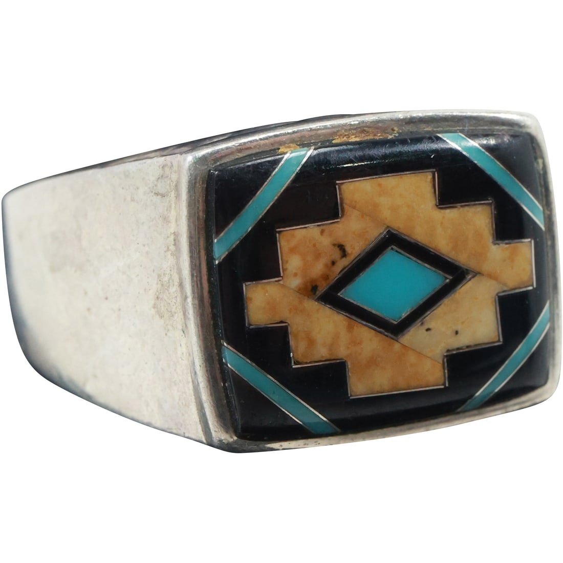 American Indian Zuni Sterling Silver with Coral, Black Onyx, Turquoise Ring Size 12.75 (1 of 16)