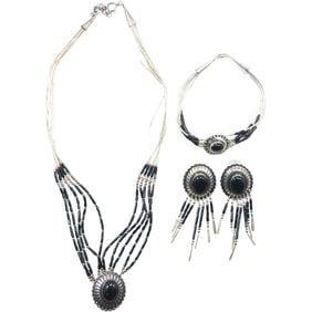 Native American Navajo.925 Sterling Liquid Necklace with Black Onyx Beads , Center Medallion