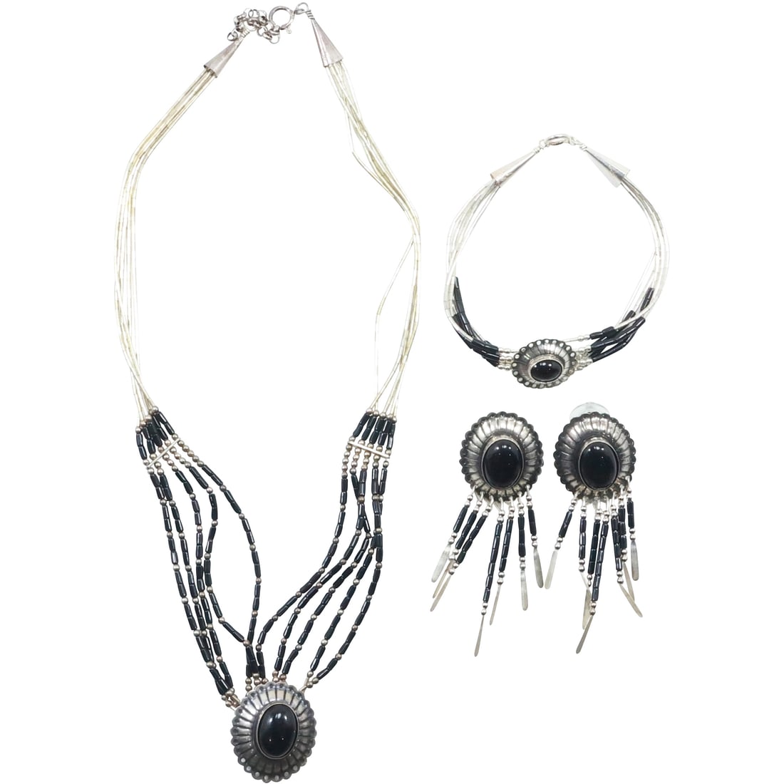 Native American Navajo.925 Sterling Liquid Necklace with Black Onyx Beads , Center Medallion (1 of 20)