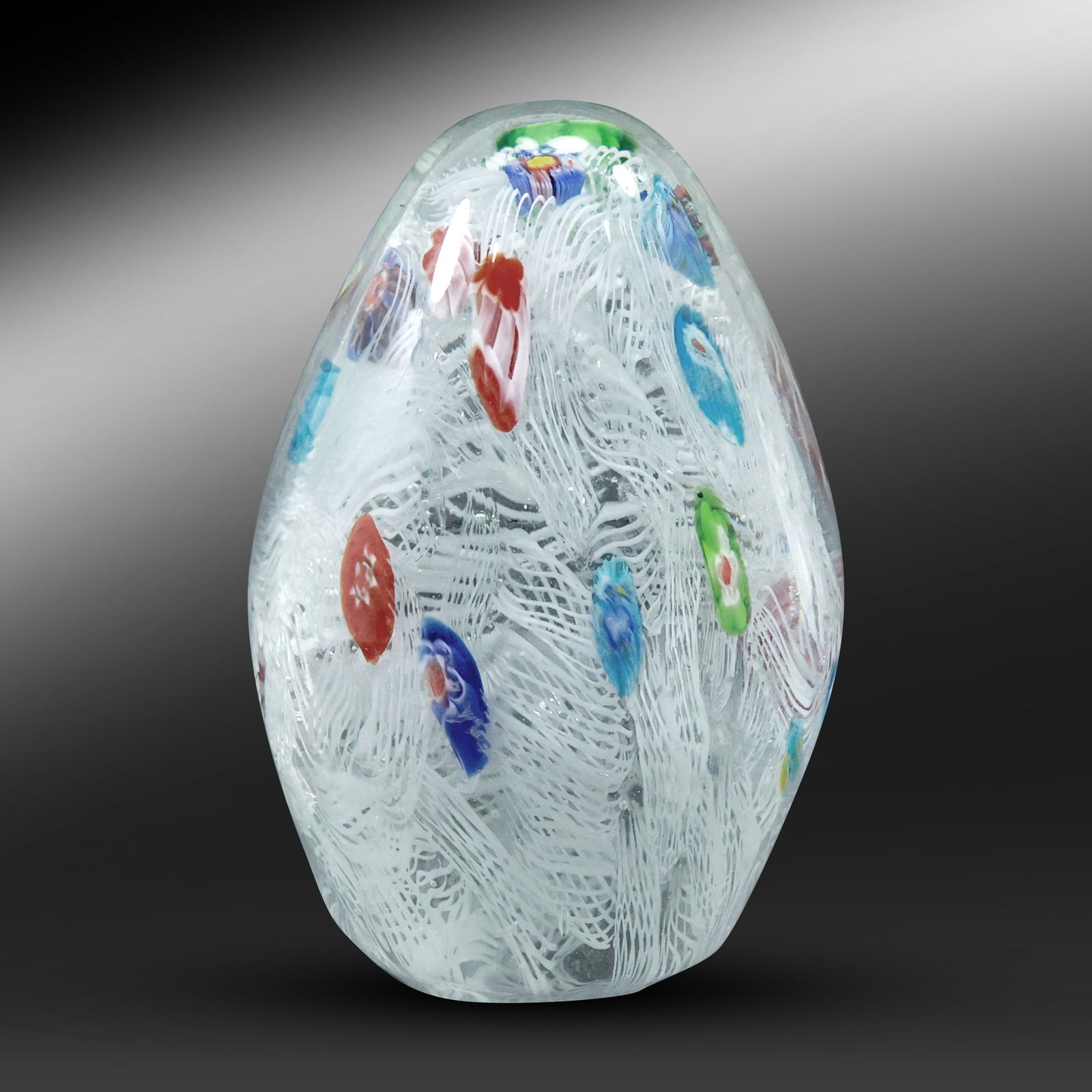 Stunning Internal Decorated Murano Art Glass Egg Paperweight White Lattice & Millefiori Accents: Stunning Internal Decorated Murano Art Glass Egg Paperweight White Lattice & Millefiori Accents. size: 4 1/4 in. height x 3 in. wide