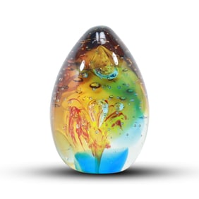 Stunning Murano Art Glass Egg Paperweight Internal Decorated , Rainbow Multi Colors 4 3/4 in.