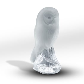Swedish Frosted Art Glass Crystal OWL Figure on a Tree Stump 7 in. height x 3 1/2 in. wide