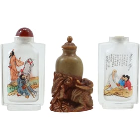2 Oriental Glass Snuff Bottles and 1 Composition Dragon Motif Surrounding Bottle