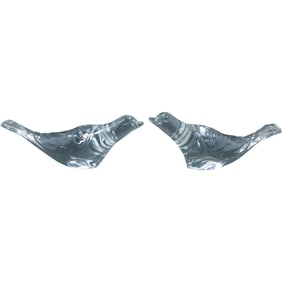 Pair Large Crystal Art Glass Partridge Bird Figures Sculptures 11 1/2 in. length x 3 1/4 in. height