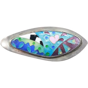 Unknown Artist Quality Hand Made Sterling Silver with Enameling Pin 2 3/4 in. x 1 1/8 in.
