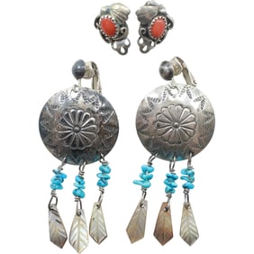 Unsigned Early American Indian Clip-on Disc Earrings with 3 Feathers & BF .925 Sterling Red Coral