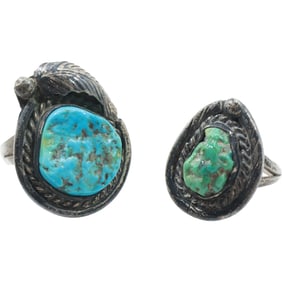 Early American Indian TL Sterling Silver Turquoise with Feather Ring Size 7; Sterling with Green
