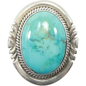 American Indian Navajo Sterling Silver signed "HJ" Oval Turquoise Pendant / Pin 1 3/8 in. x 1 1/8