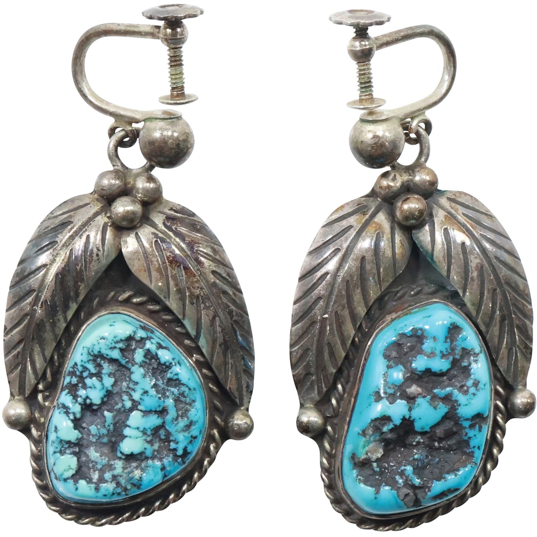 Early American Navajo  Indian Unsigned Sterling Silver Turquoise Feather Earrings Screwbacks (1 of 18)