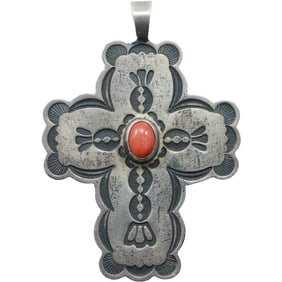 Sterling Silver DON LUCAS Red Turquoise Cross Pendant 2 1/4 in. x 1 5/8 in.