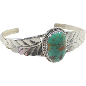 American Indian Navajo Sterling Silver with Green Turquoise Feathers Design Bracelet 2 in. x 2 1/2