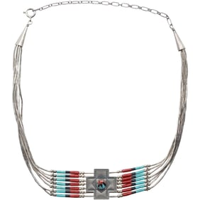 American Indian Zuni Q.T. .925 Sterling Silver Liquid Necklace Turquoise, Coral, Black Onyx