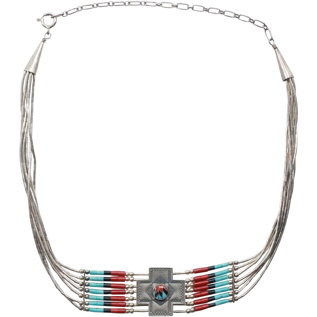 American Indian Zuni Q.T. .925 Sterling Silver Liquid Necklace Turquoise, Coral, Black Onyx (1 of 18)