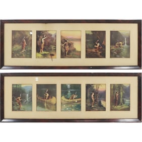 2 Framed Set of 5 Each Vintage Indian Maiden Prints of Different Scenes 25.25 in. x 9 in. frame