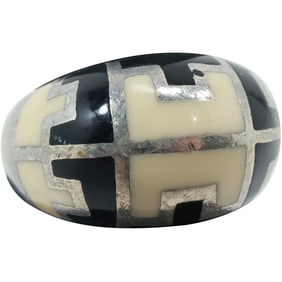 .925 Sterling Silver "S" SPENCER Navajo Mother-of-Pearl and Black Onyx Ring Size 9 , 1 in. x 5/8 in.