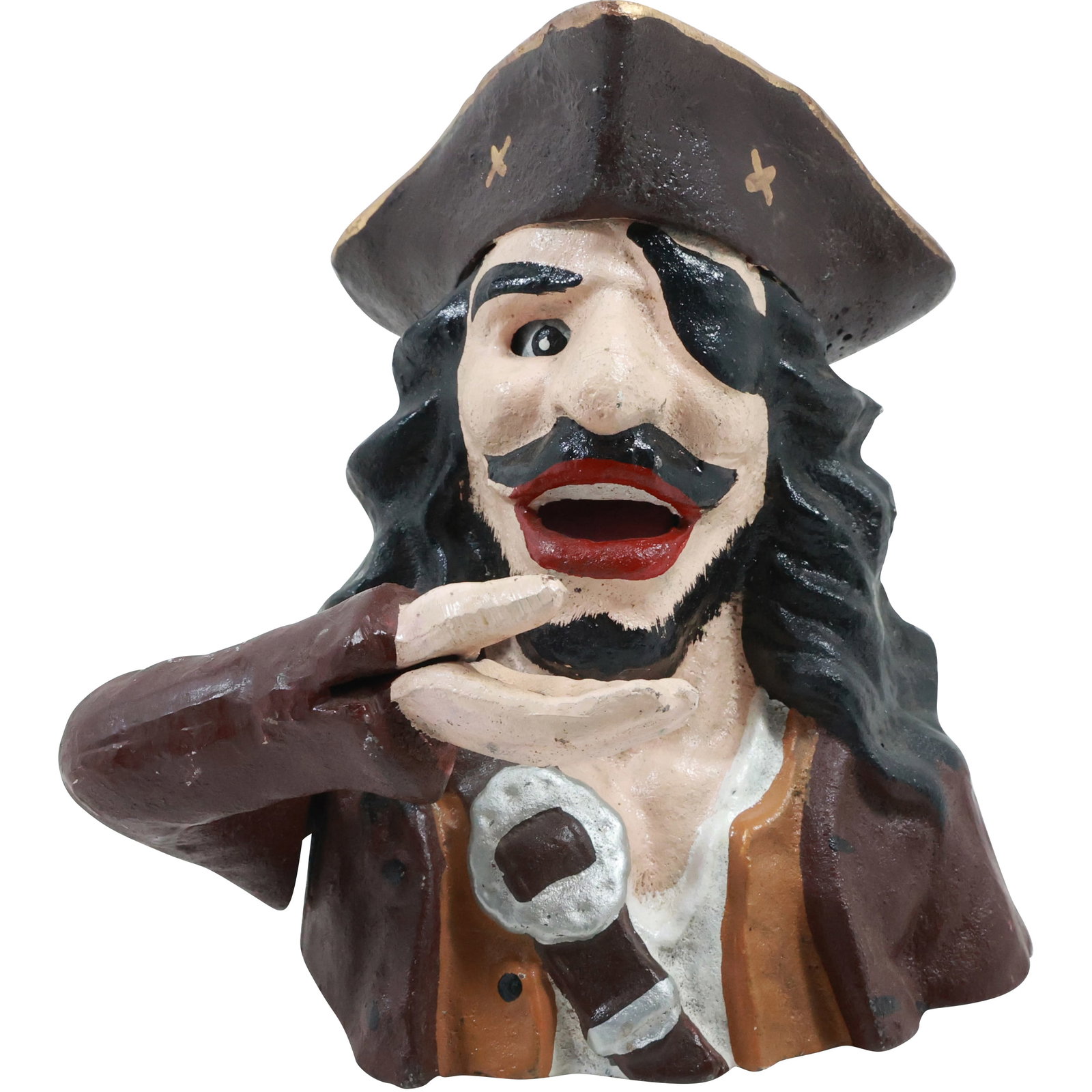 Novelty Collectible Cast Iron Pirate Mechanical Coin Bank in Original Paint Finish: Collectible Cast Iron Pirate Mechanical Coin Bank size: 7.5x7 shelf: A