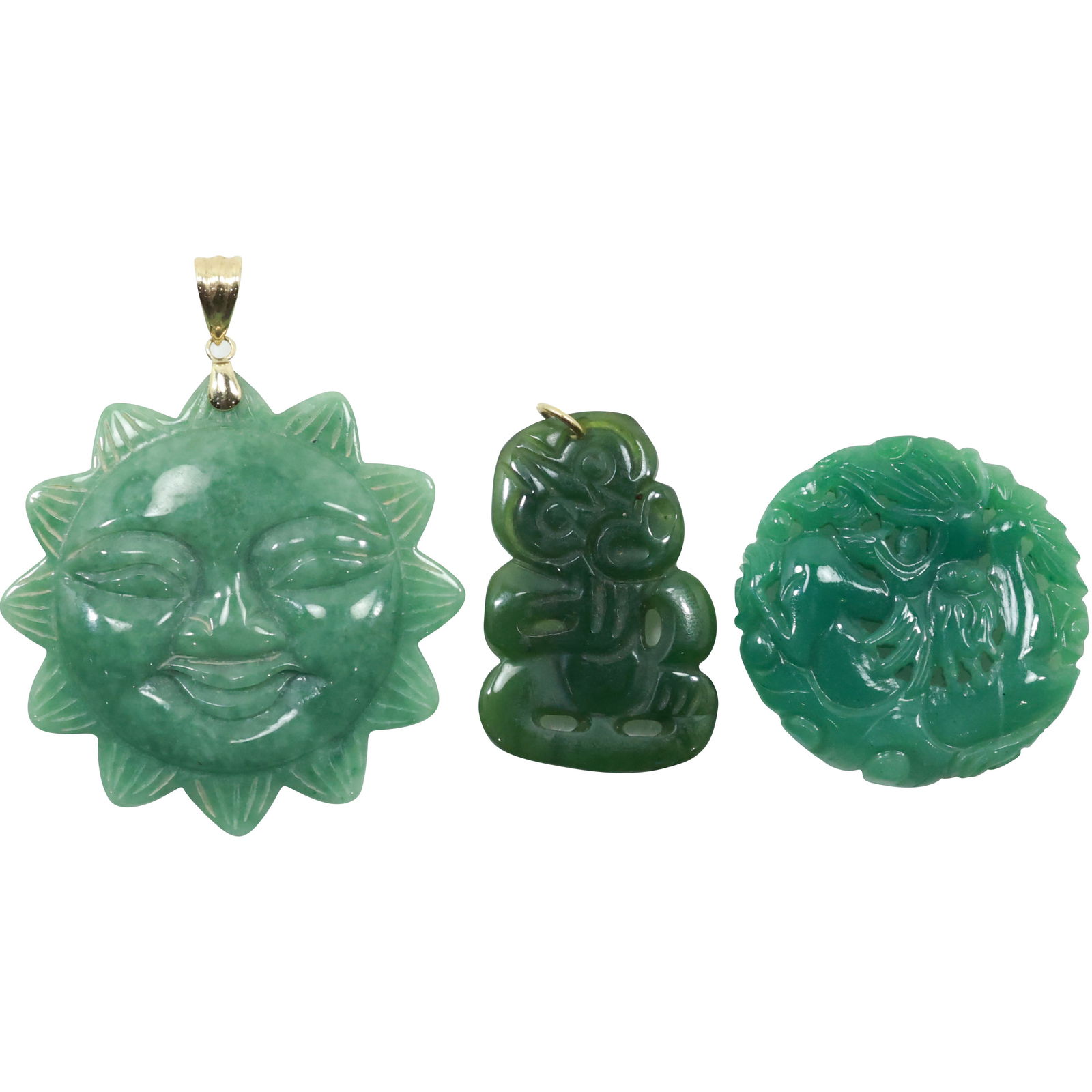 3 Assorted Green Jade Chinese Pendants: Sun, Dragon, Nephrite (1 of 19)