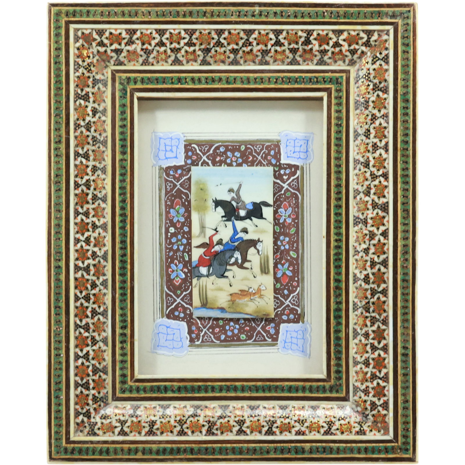Persian Painting Hunting Gazelles, Original Inlaid Frame: Persian Painting Hunting Gazelles, Original Inlaid Frame. size: 8x6.25, 2.65x1.5 (inside frame) shelf: A