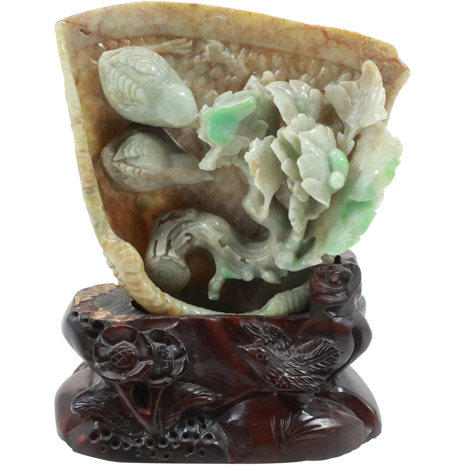 Chinese Jade Carving Sculpture Mounts on a Teak Wood Base, Good Detail: Chinese Jade Carving Sculpture Mounts on a Teak Wood Base, Good Detail. size: 8.25 in. x 6.75 in. shelf: A