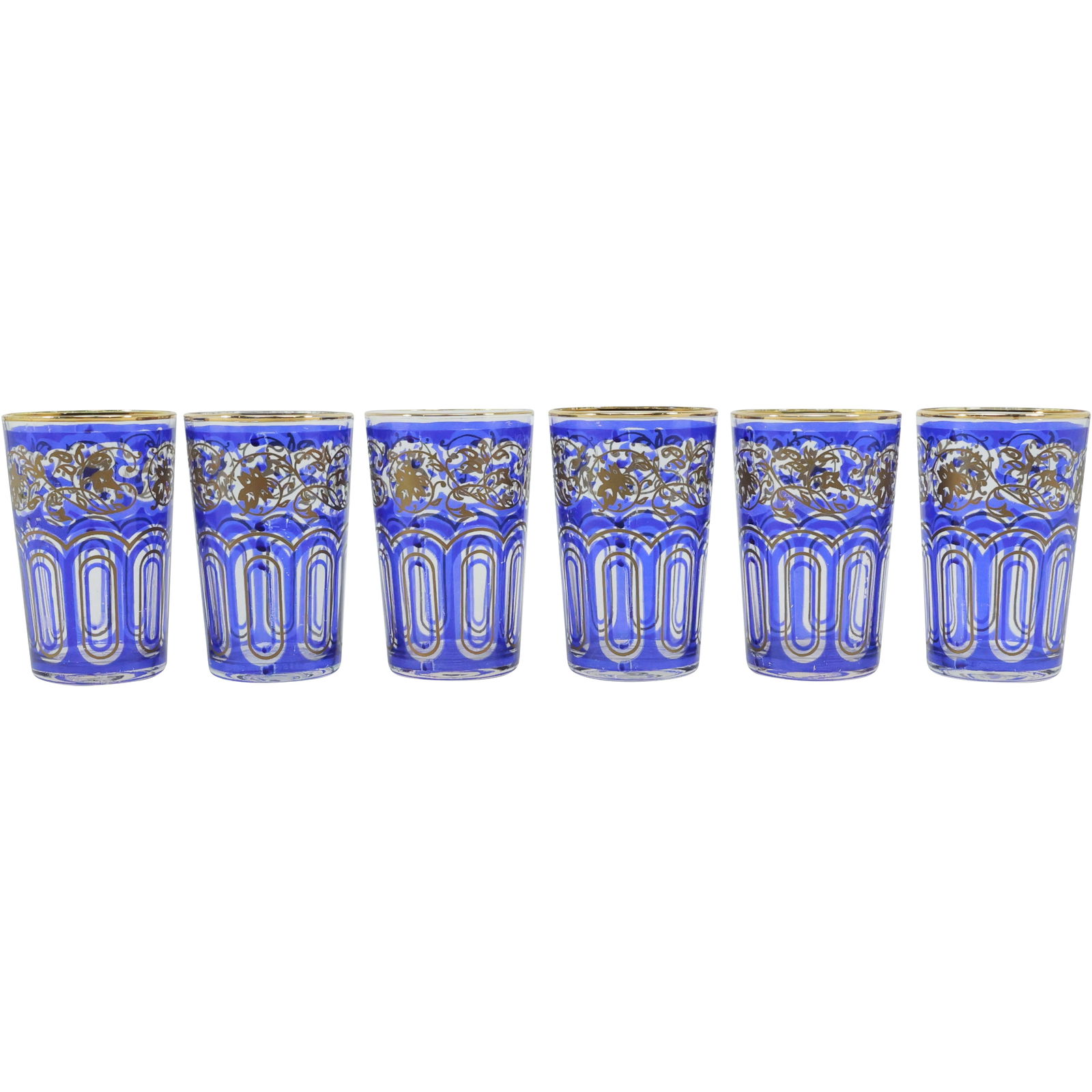 Set of 6 Casablanca Essaouira Morocco Blue and Gold Tea Glasses: Set of 6 Casablanca Essaouira Morocco Blue and Gold Tea Glasses size: 3.75x2.5 shelf: A