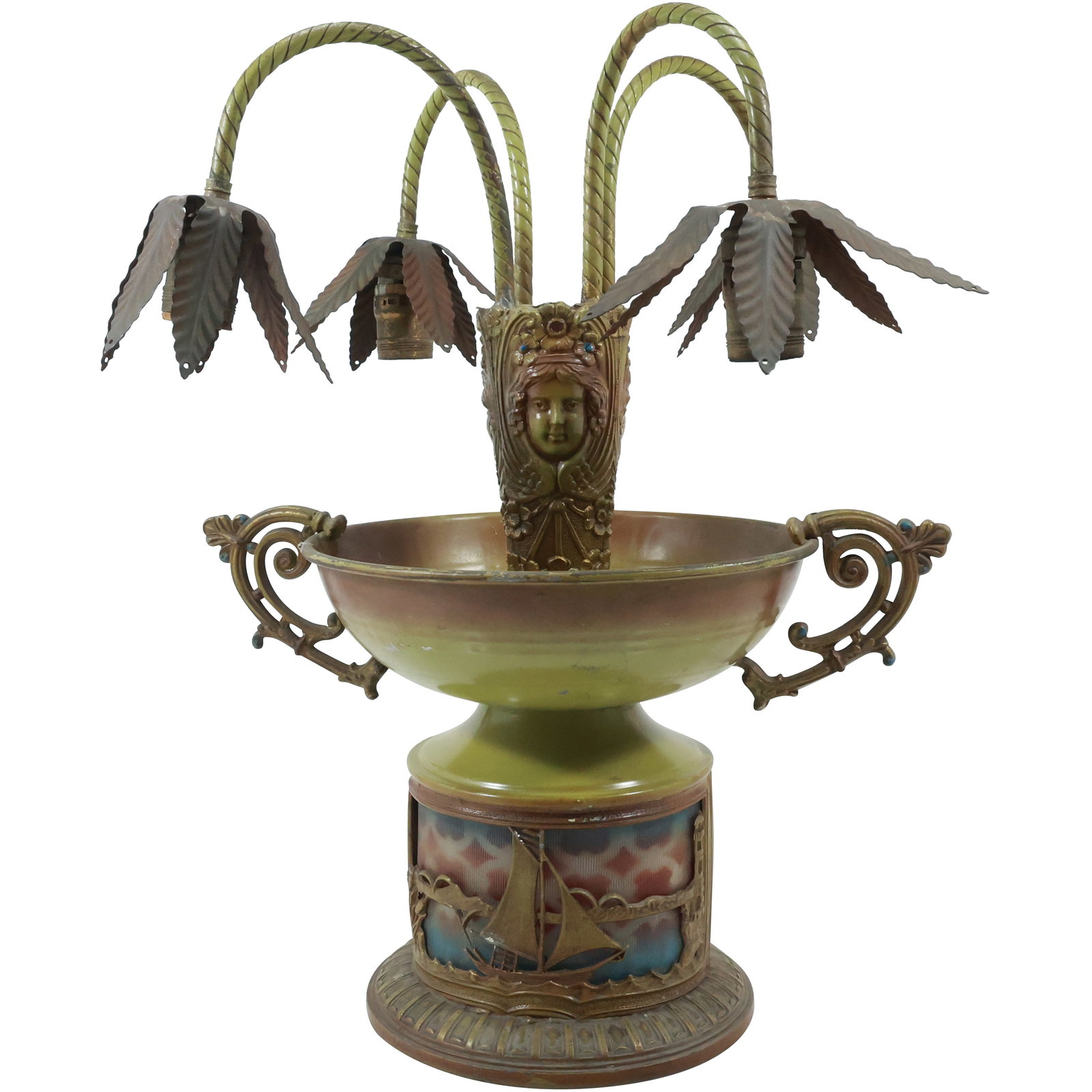 Circa 1920s Metal Art Nouveau Centerpiece Urn Lamp with Faces and Reverse Painted Panels (1 of 20)