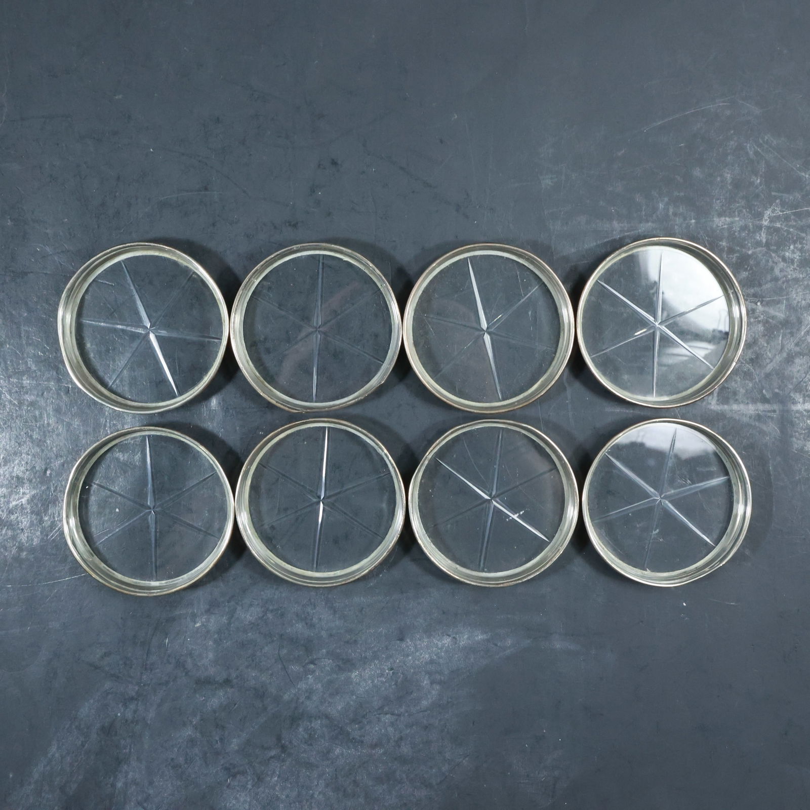 Set of 8 Sterling Silver Rimmed Coasters with Etched Glass Bottoms (1 of 14)