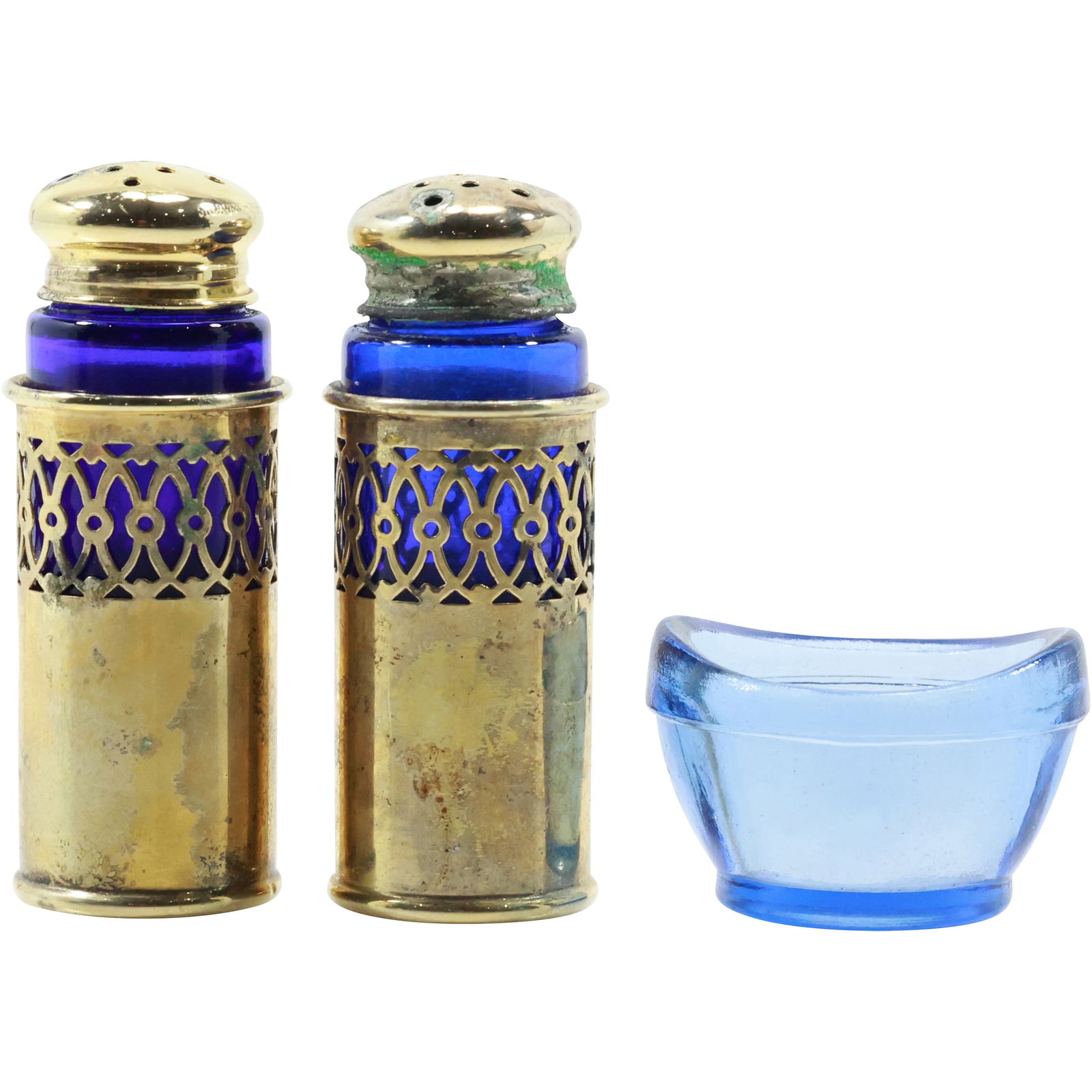 2 Sterling Silver Cobalt Blue Glass Liners Salt & Pepper Shakers and Blue Glass Eye Cup (1 of 20)