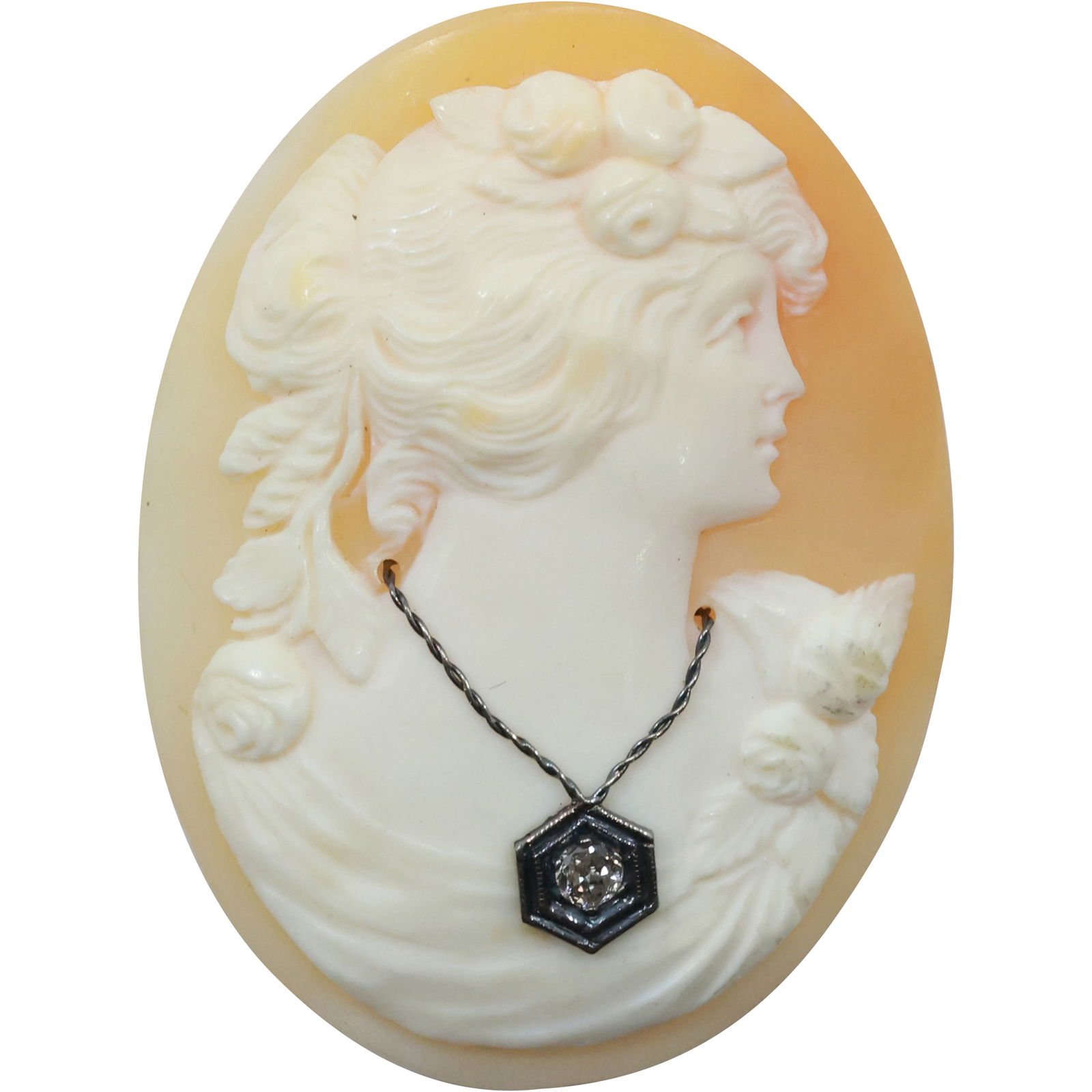 Cameo Pendant Portrait of a Art Nouveau Woman Wearing Necklace with Diamond (1 of 13)