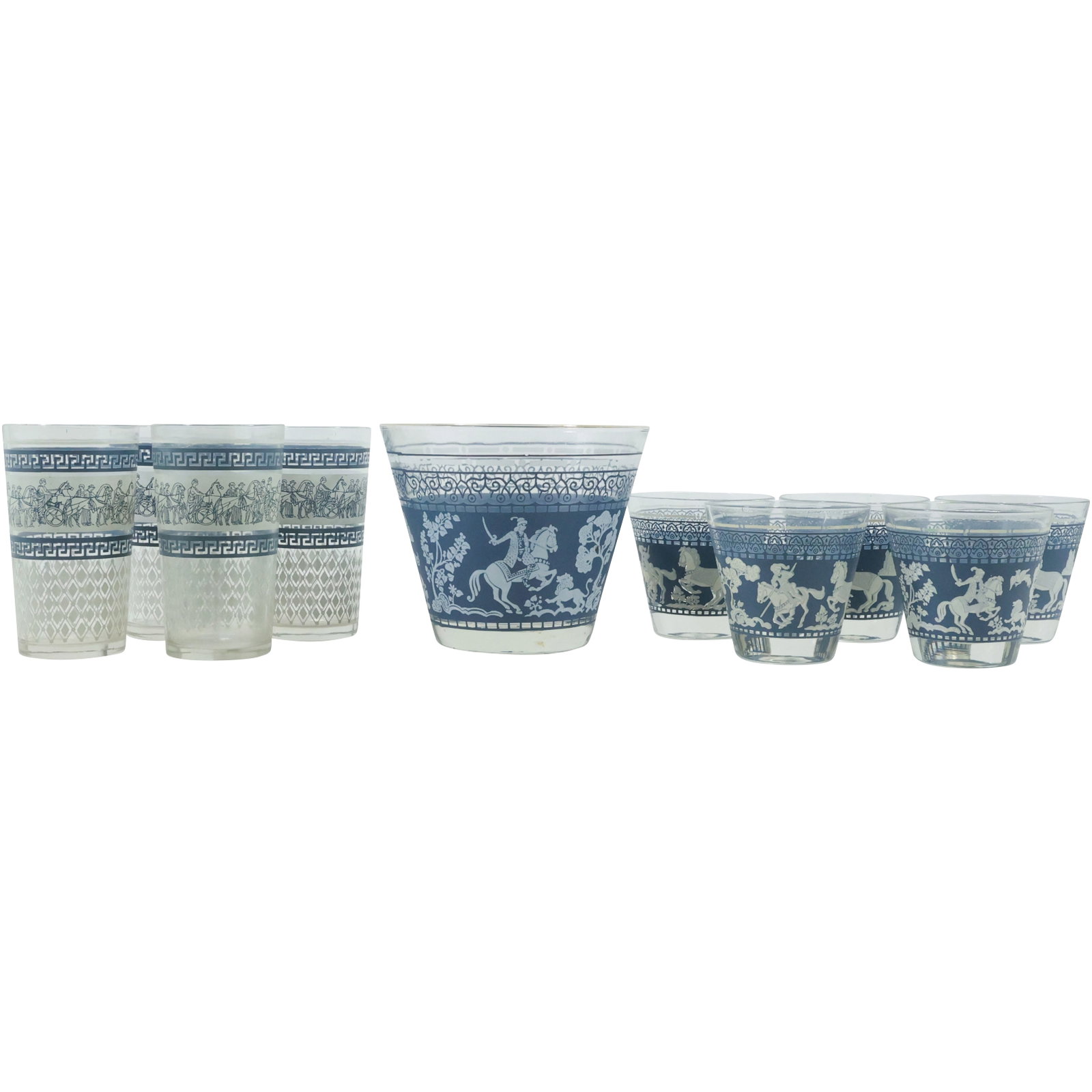 Jeanette Blue Hellenic Jasperware Cocktail Glasses and Matching Ice Bucket - Barware: Jeanette Blue Hellenic Jasperware Glassware size: 5x6 (ice bucket), 3.25x3.75 (5x wide cups), 5x2.75 (4x slim cups) shelf: A