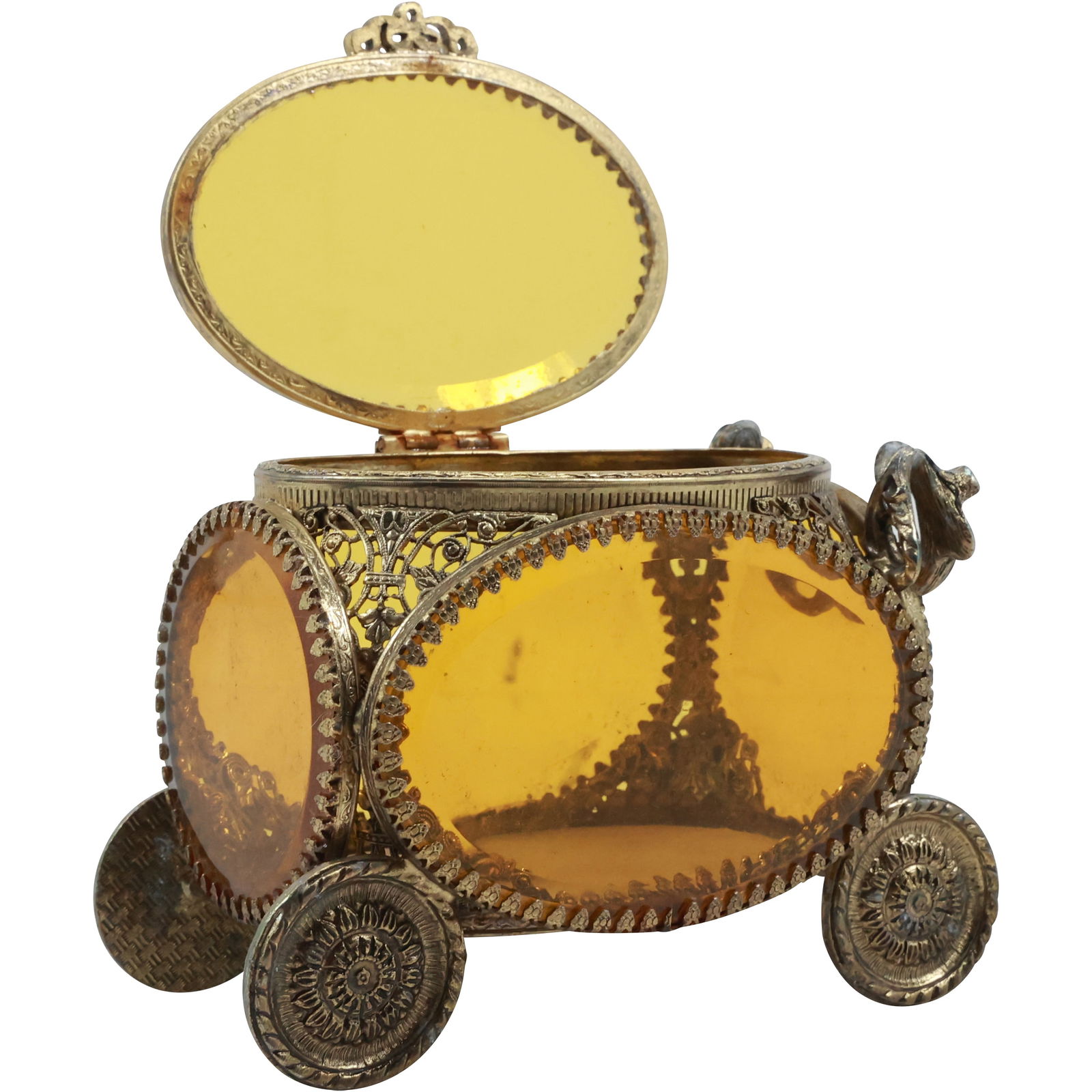 Vintage Ormolu French Gilt Pram Trinket Jewelry Box Glass Casket Filigree 4 in. x 5.5 in. (1 of 18)