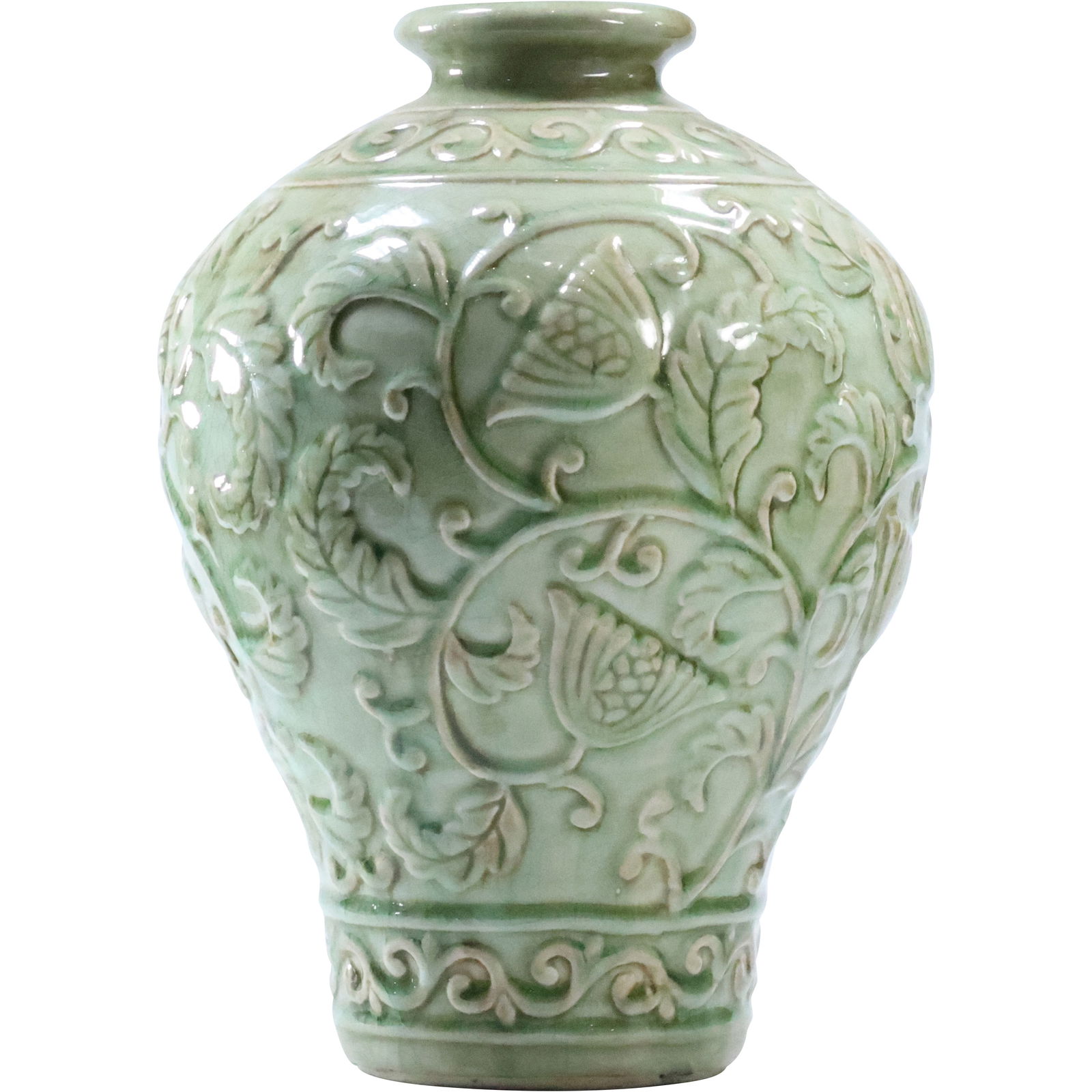 Green Celadon Vase with Embossed Pattern 13.5 inches height x 9 inches wide (1 of 12)