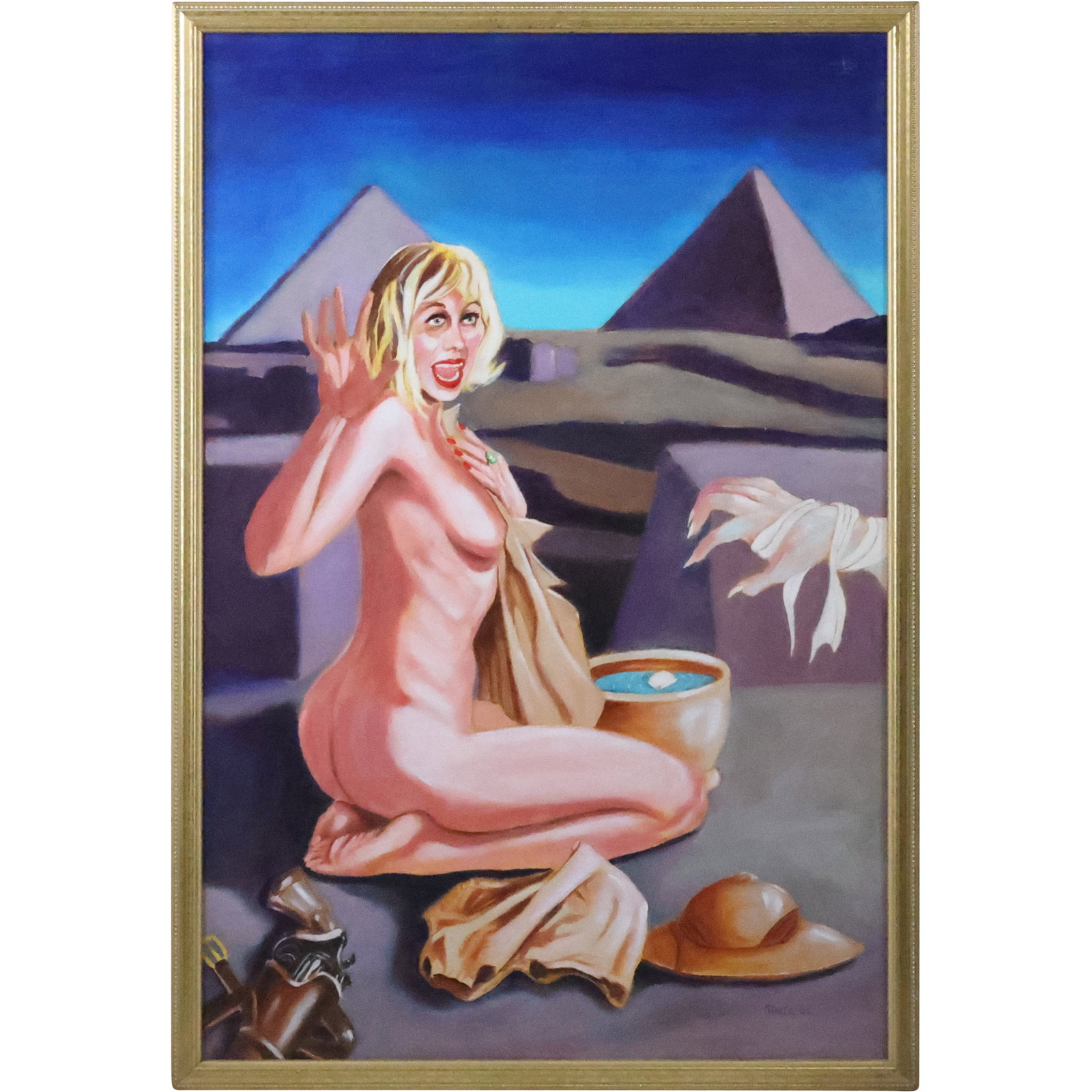 Signed Norman Strite 2005 " The Mummy's Hand" Oil Painting Nude Woman in Egyptian Scene: Signed Norman Strite 2005 " The Mummy's Hand" Oil Painting Nude Woman in Egyptian Scene size: 36 x 24, 38 x 26 outside frame Norman Strite was a highly talented artist in the Albany NY area. He was be