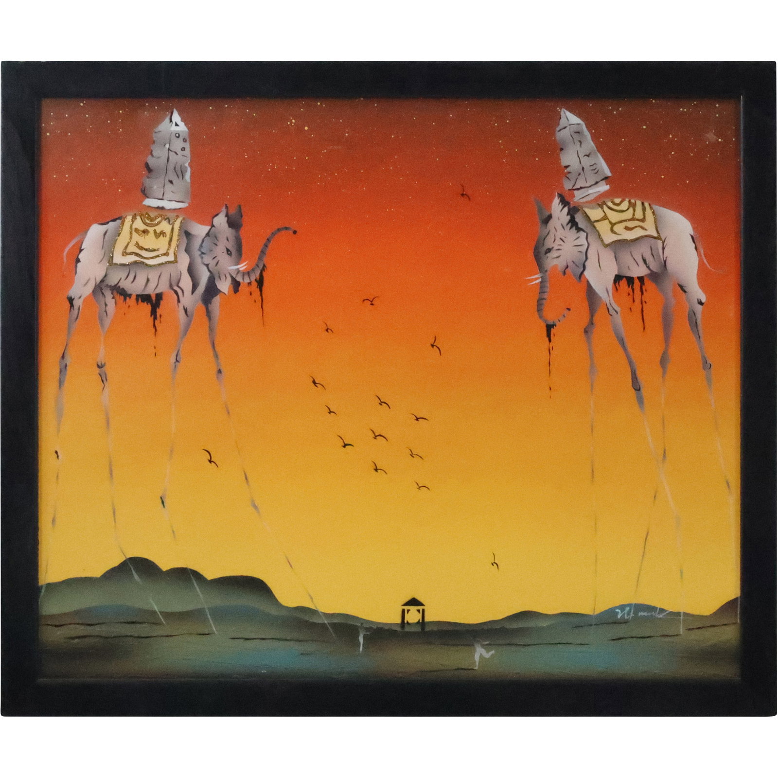 after Salvador Dali, Oil Painting Surrealism "Elephants", Artist Signed and Framed: after Salvador Dali, Oil Painting Surrealism "Elephants", Artist Signed and Framed. size: 20 x 24, 22 x 26 outside frame