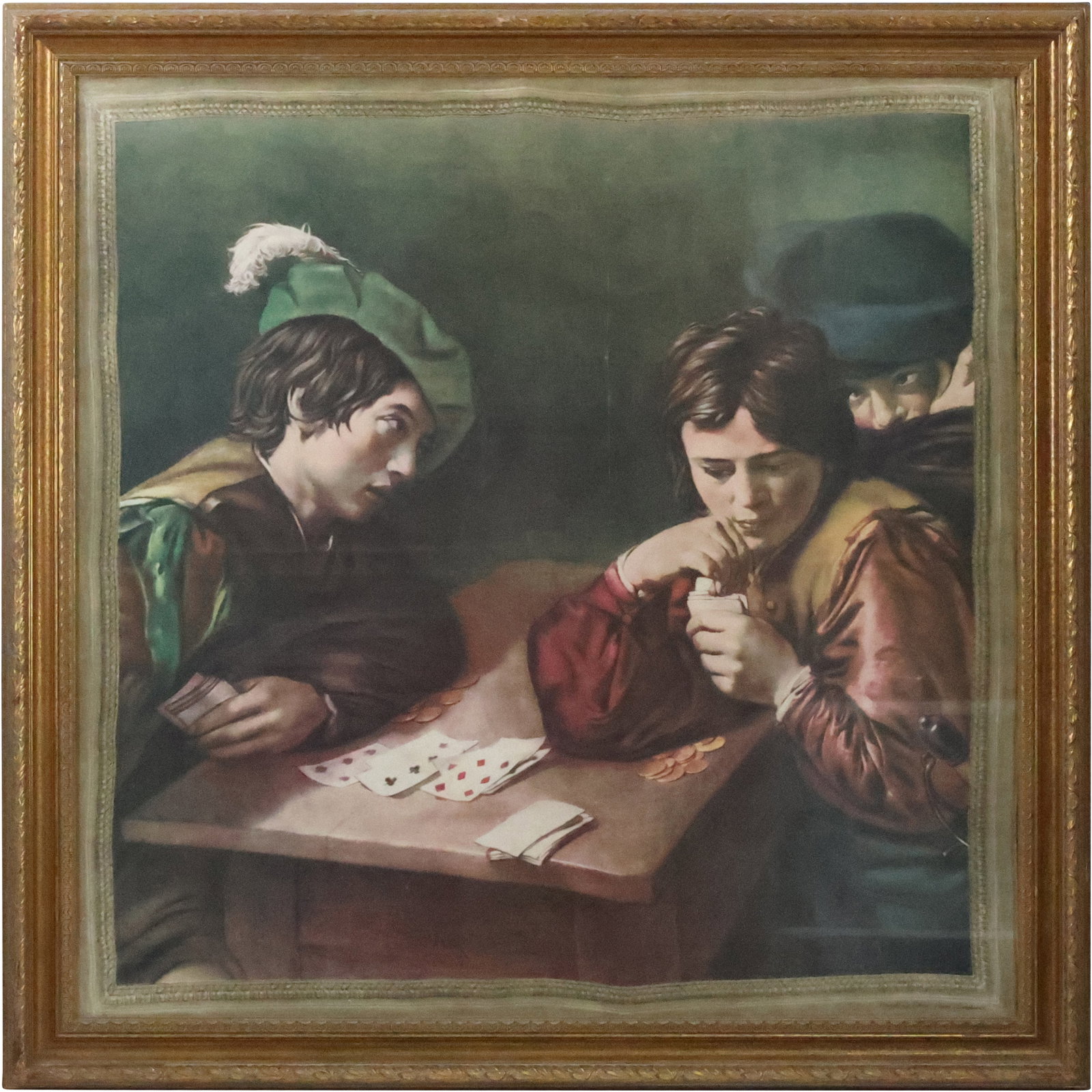 Chromolithograph after Valentin De Boulogne, Italian - French 1591-1632, "The Cheater": Chromolithograph after Valentin De Boulogne, Italian - French 1591-1632, "The Cheater". size: 28 x 28, 32 x 32 outside frame
