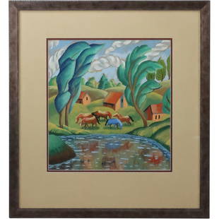 Otto Dix [attributed] Signed in Monogram, Gouache Painting Modernist Landscape with Horses: Otto Dix [attributed] Signed in Monogram, Gouache Painting Modernist Landscape with Horses. Matted and Framed . size: 15.75 x 14.75 matte, 26 x 24 outside frame. ASKArt: Otto Dix (1891 - 1969) was act