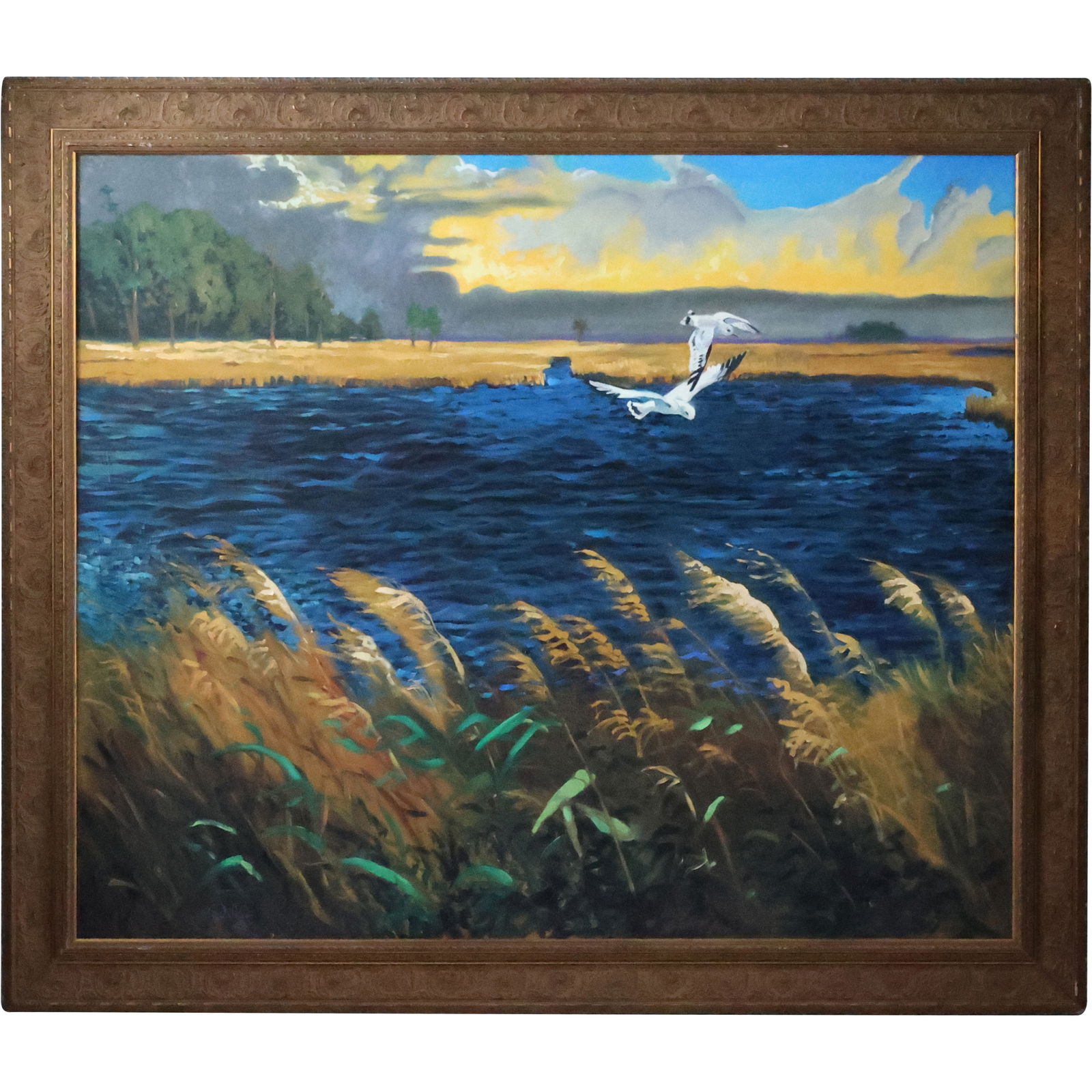 Signed Walker, Oil on Canvas Painting, Sea Gulls Over Marshland Waters, Framed (1 of 18)